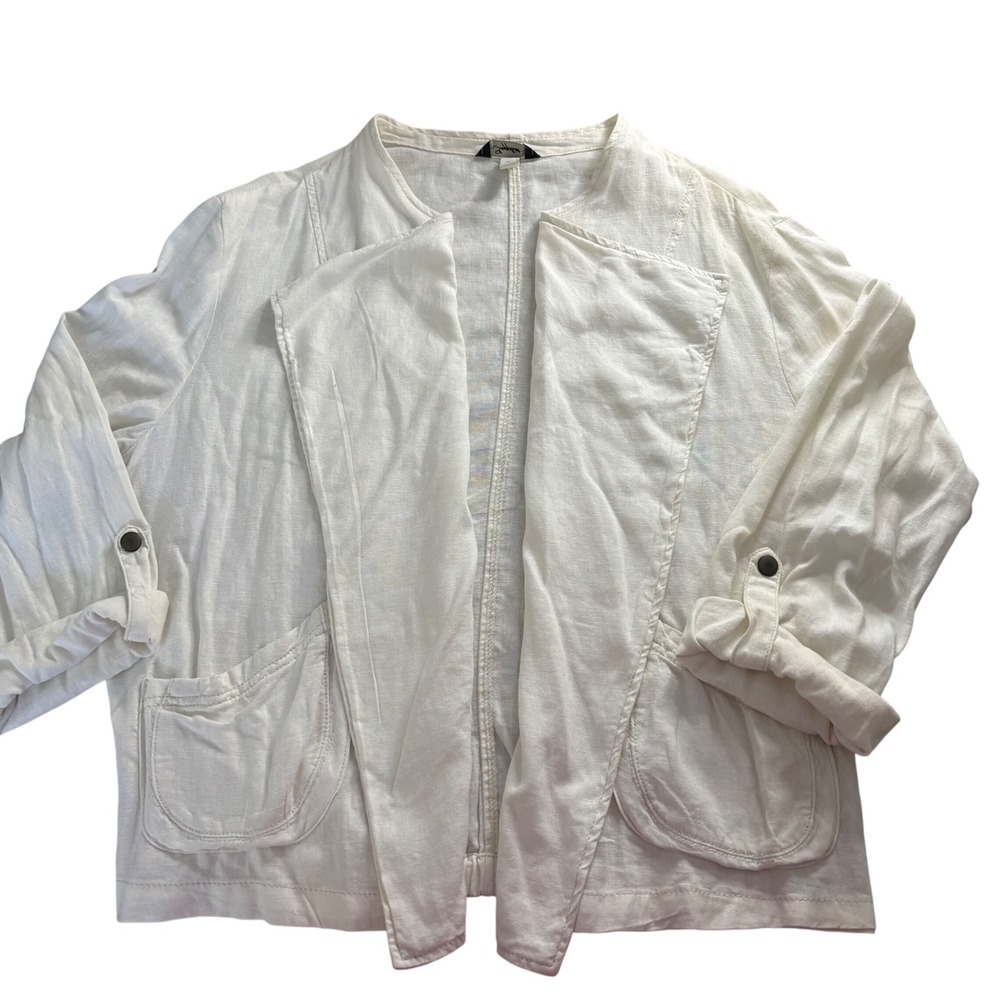 Supplies by Union Bay Off Wht Linen Blend Open Front Roll Tab Jacket XL Layers
